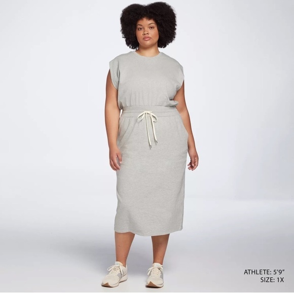 NWT! CALIA Women's Light Heather Gray Extended Shoulder Midi Dress - Multiple - Picture 2 of 5